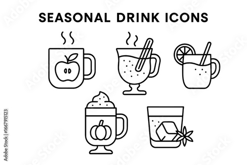 Seasonal drink outline icon set for fall and winter. Vector graphics for cafe menu. Hot apple cider, mulled wine, pumpkin spice latte, holiday cocktail, spiced whiskey symbol.