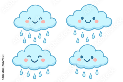 Cute cartoon clouds with smiling faces and raindrops. Kawaii weather characters set. Vector illustration for kids, baby shower, and nursery decor. Happy rain cloud emoticons.