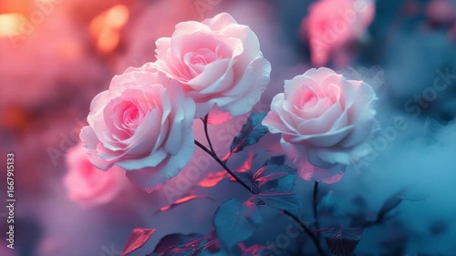 Soft pink rose flower bloom with delicate petals and green leaves in dreamy light, creating romantic and serene atmosphere in nature garden, perfect for flower and plant lovers