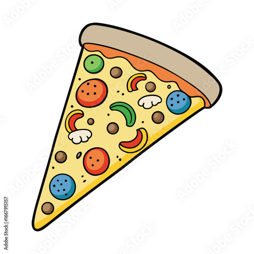 Deliciously topped slice of pizza with various colorful ingredients