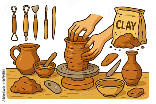 Hands shaping clay on a potter's wheel in a workshop. Vector illustration of a pottery hobby with tools and ceramic equipment. Concept for art class, craft, and handmade goods.