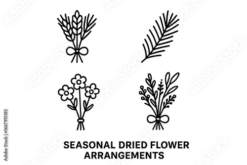 Seasonal flower icon set. Outline vector collection of dried flower arrangements for each season. Autumn wheat sheaf, winter pine sprig, spring bouquet, and summer herbs.