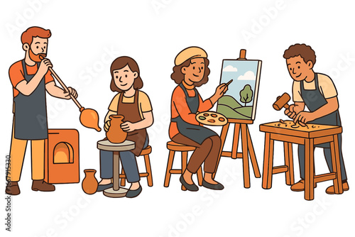 Set of artisan characters. Man glassblowing, woman making pottery, artist painting, sculptor carving wood. Creative hobby, handmade craft, small business, workshop concept.