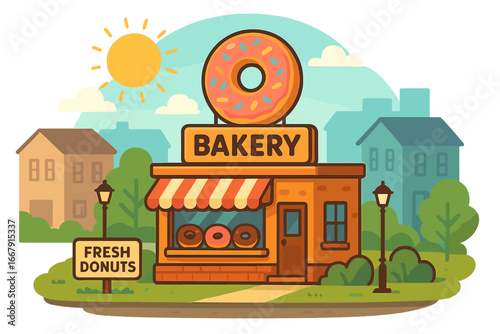 Bakery shop with a giant donut sign. Vector illustration of a small business storefront in a city neighborhood. Cartoon building facade. Fresh baked goods and pastry concept.