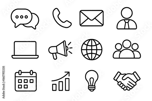 Business communication linear icon set. Vector symbols for web and mobile app interfaces. Corporate icons like chat, email, team, growth, handshake, idea and calendar illustration.