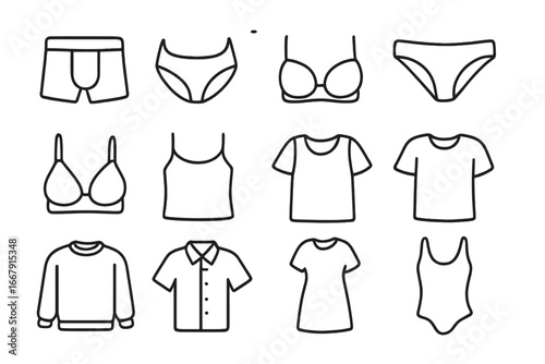 Clothing outline icon set. Underwear, lingerie, apparel line icons collection. Vector fashion garment symbols like t-shirt, bra, panties, shirt. Editable stroke pictogram.