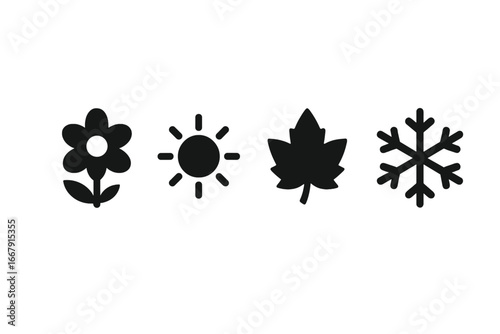 Four seasons icon set. Spring flower, summer sun, autumn leaf, winter snowflake. Simple glyph symbols for weather, nature, and year cycle. Solid black silhouette vector collection.
