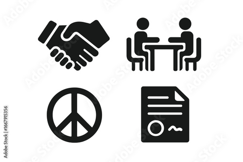 Negotiation and agreement solid icon set. Glyph pictograms for business deal, partnership, and mediation. Vector concepts of handshake, meeting, contract, and peace symbol.