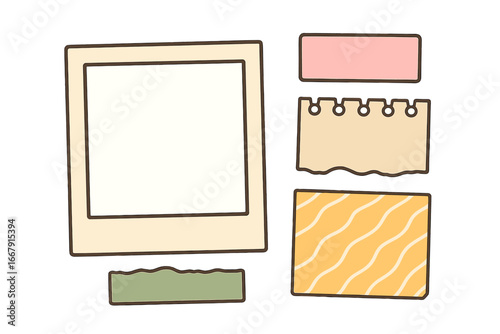 Blank photo frame and paper notes set for scrapbooking. Cute cartoon vector illustration. Instant photo mockup with memo pads, sticky notes, and ripped paper for design.
