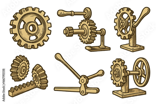 Set of vintage mechanical gears, cogs, and levers. Steampunk machinery parts collection. Retro industrial engineering concept. Engraved vector illustration of clockwork mechanisms.