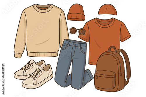 Casual clothing set flat lay. Men's autumn fashion outfit with sweater, jeans, t-shirt, sneakers, backpack, and accessories. Vector apparel illustration for everyday wear.
