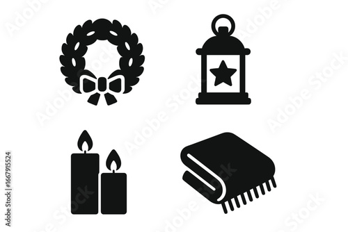 Cozy home decor glyph icon set for seasonal decoration. Winter holiday essentials like wreath, candle, lantern, and warm blanket. Christmas and autumn hygge concept vector.