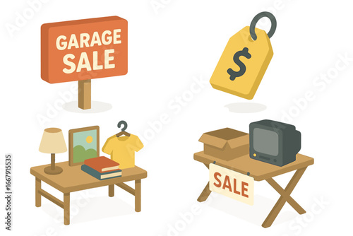 Garage sale vector icon set. Isometric illustration of second hand items for sale. Flea market, yard sale concept. Includes sale sign, price tag, used furniture, and clothes.