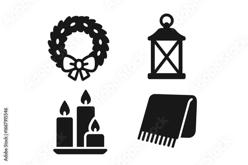 Seasonal home decor icon set. Winter and autumn cozy elements. Christmas wreath, lantern, candles, blanket. Solid glyph vector illustration for holiday and hygge concepts.