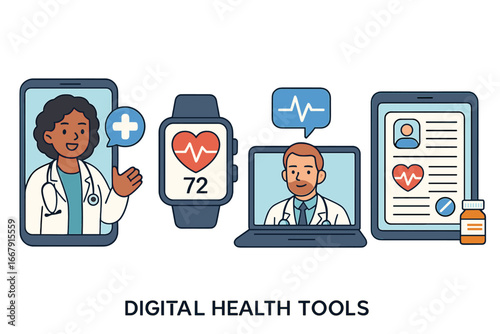 Digital health tools for patient care and monitoring. Telemedicine technology. Online doctor consultation via smartphone and laptop. Electronic health record, smartwatch heart rate.