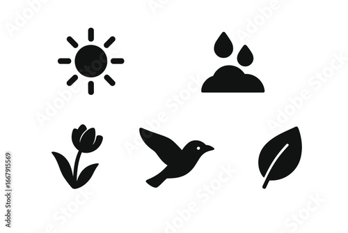 Springtime icons vector set. Solid glyph collection of seasonal nature symbols. Sun, rain cloud, tulip flower, migrating bird, and fresh leaf. Weather and nature elements.