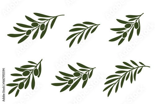 Olive hand drawn branches with leaves set silhouettes