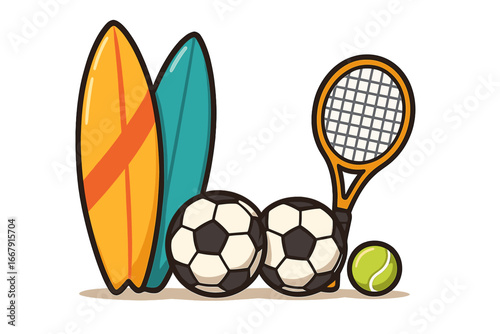 Collection of sport equipment. Surfboard, soccer ball, tennis racket. Vector cartoon illustration. Concept summer sport, beach activity, hobby, healthy lifestyle. Isolated icon.