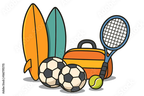 Sports equipment set. Collection of surfboards, soccer balls, tennis racket. Vector cartoon illustration. Active lifestyle, hobby, recreation. Summer sports gear concept design.
