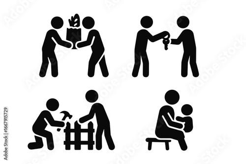 Neighborly help icon set. Community support, kindness, good neighbor relationship. People helping each other. Giving food, lending keys, fixing fence, babysitting pictograms.