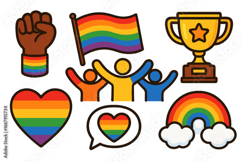 Pride celebration icon set. LGBTQIA community symbols for social equality and human rights. Rainbow flag, heart, fist and trophy. Vector cartoon graphic for diversity and inclusion