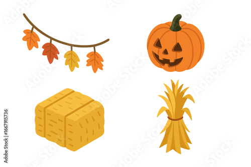 Autumn harvest festival isometric icon set. Halloween decoration elements. Jack-o'-lantern pumpkin, fall leaf garland, hay bale, corn stalk vector illustration. Seasonal design.