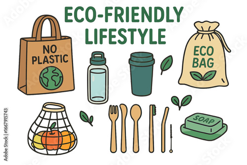 Eco friendly lifestyle items vector set. Zero waste concept for sustainable living. No plastic. Go green. Reusable bag, bottle, cup, wooden cutlery, bamboo toothbrush. Ecology.