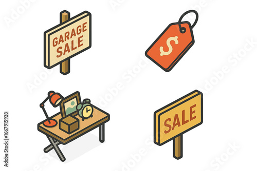 Garage sale isometric icon set. Vector flat design of yard sale elements. For sale sign, price tag, table with used items. Flea market, secondhand shopping concept.