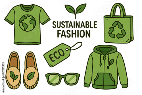 Sustainable fashion vector icon set. Eco friendly clothing collection. Green living, slow fashion concept. T-shirt, hoodie, tote bag with recycle symbol, shoes. Isolated cartoon.