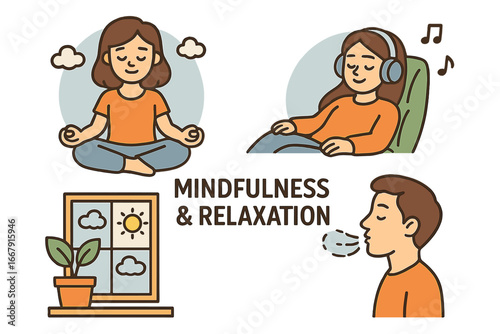 Mindfulness and relaxation icon set. People practice yoga, meditation, listening to music, and deep breathing exercises. Mental health, calm, zen, harmony, and well-being lifestyle concept.