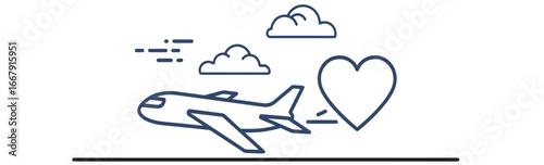 Airplane flying towards a heart symbol with clouds in the sky