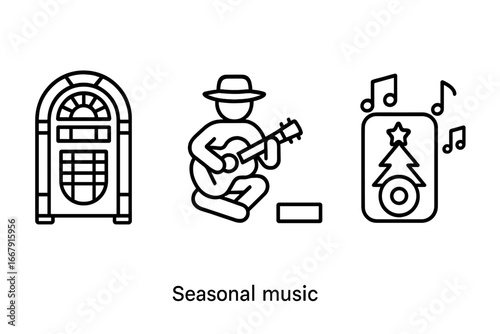 Seasonal music and entertainment outline icon set. Vector symbols of jukebox, street performer with guitar, and Christmas holiday speaker. Linear pictograms for web and design.