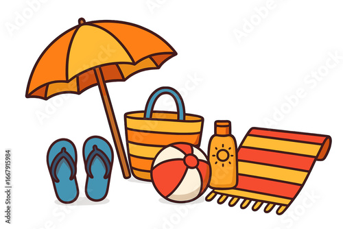 Essential beach items for a summer day. Vector cartoon illustration set with umbrella, bag, flip flops, ball, sunscreen and towel. Concept for vacation, travel, sun.