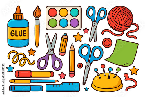 Vector cartoon set of craft supplies for school and handmade hobby. DIY tools for creative projects. Stationery collection with glue, scissors, paint, pencil, ruler, yarn.