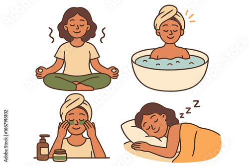 Self care routine for wellness and relaxation. Woman doing yoga, taking a bath, applying eye patches and sleeping. Vector set for mental health, balance and rejuvenation.