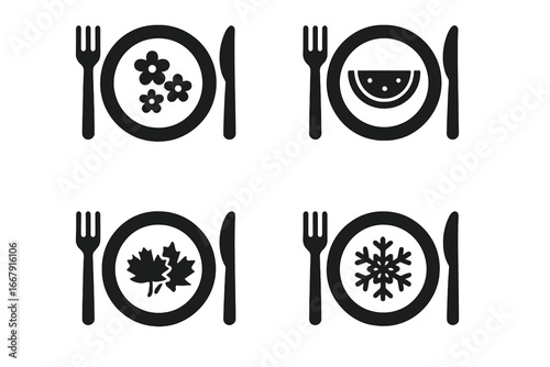Four seasons food icon set. Seasonal eating concept with plate, fork, knife. Spring flowers, summer watermelon, autumn leaves, winter snowflake. Restaurant menu vector glyphs.