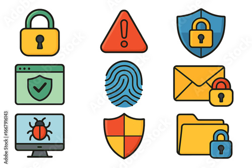 Cybersecurity icons set. Internet data protection and privacy concepts. Vector signs of lock, shield, fingerprint, alert, malware, bug, virus, hacker attack and firewall.