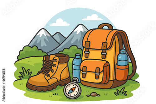 Hiking gear for mountain adventure. Outdoor travel equipment concept. Backpack, boots, compass, water bottle for trekking and camping. Vector cartoon illustration of exploration.