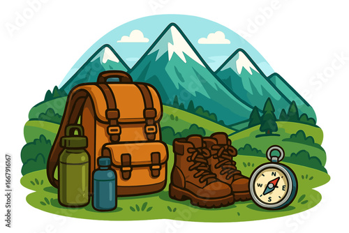 Hiking gear and equipment for mountain adventure. Vector illustration of backpack, boots, compass for travel and camping in nature. Outdoor exploration concept with landscape.