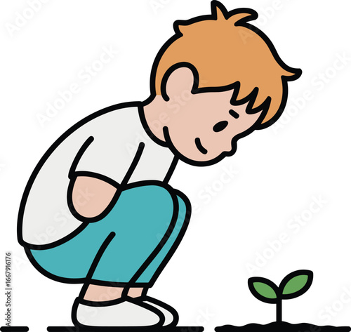 Cartoon person observing tiny plant growth while crouching, symbolizing curiosity, nature, and the nurturing of environmental awareness and green life