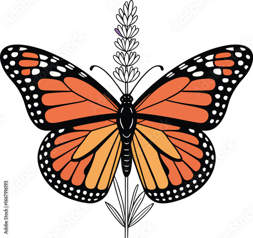Monarch butterfly illustration with lavender stem vector design for nature enthusiasts and design projects promoting wildlife conservation and floral artistry