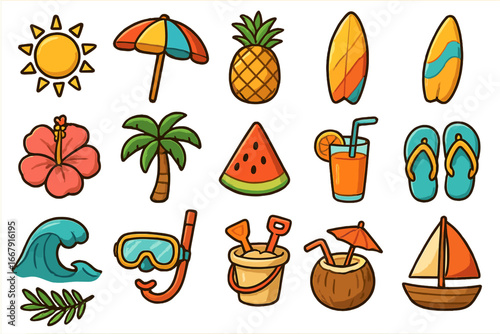 Summer beach vacation icon set. Tropical travel and holiday elements collection. Vector cartoon illustration of sun, surf, palm, pineapple, cocktail, boat & sea symbols.