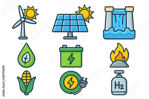 Renewable energy icon set. Green power sources collection. Sustainable technology symbols. Solar panel, wind turbine, hydro dam, biofuel, biomass, geothermal, hydrogen vector.