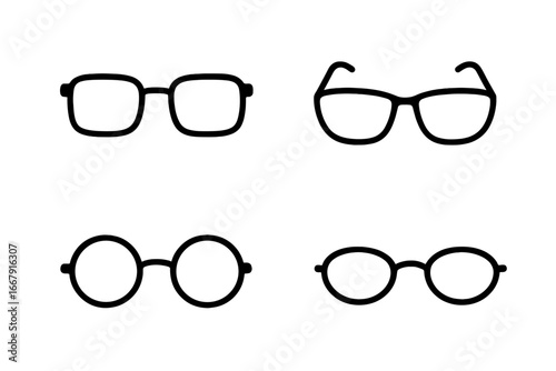 Eyewear outline icon set. Glasses, sunglasses, spectacles in line art style collection. Vector illustration. Fashion accessory for vision. Optical frames silhouette pack.