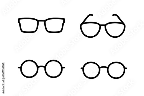 Eyewear outline icon set. Glasses, sunglasses, and spectacles in a simple line art style. Vector collection of different eyeglass frames for vision and fashion. Optical.