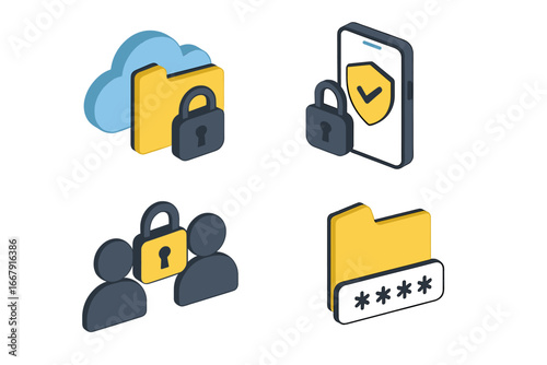 Cybersecurity isometric icon set. Secure collaboration and data protection concept. Vector illustrations of encrypted cloud folder, password, mobile authentication, and user access.