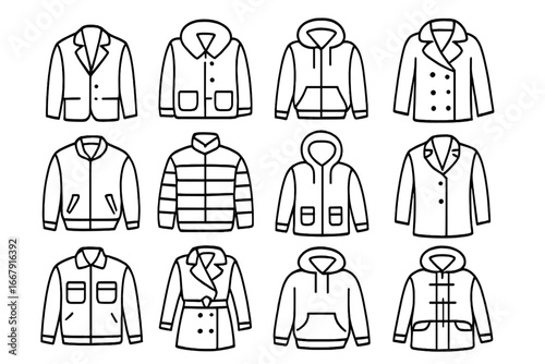 Jacket and coat outline icon set. Fashion clothing symbols. Hoodie, parka, blazer, bomber vector line art. Winter and autumn outerwear collection. Apparel graphic elements.