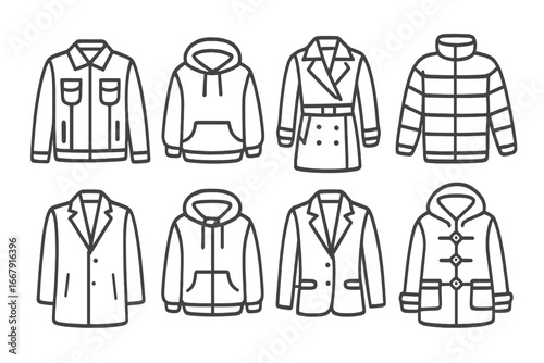 Fashion clothing outline icon set. Jackets, coats, hoodies linear icons. Vector cartoon collection of outerwear. Puffer, trench, blazer, duffle coat, sweatshirt design elements.