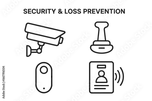 Security and loss prevention outline icon set. Vector collection of retail security symbols. Includes surveillance camera, CCTV, security tag, tag remover and RFID badge scanner.