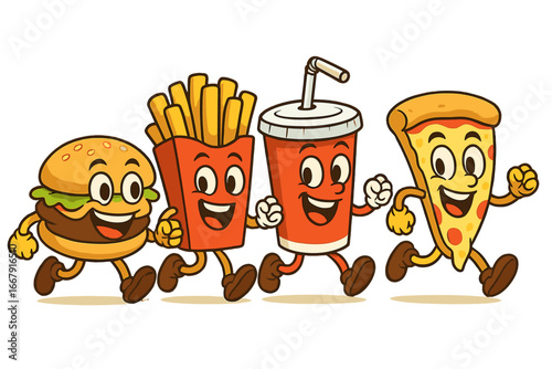Happy fast food cartoon characters running. Burger, french fries, soda and pizza mascot friends. Unhealthy junk food meal combo set. Cute retro comic vector illustration.